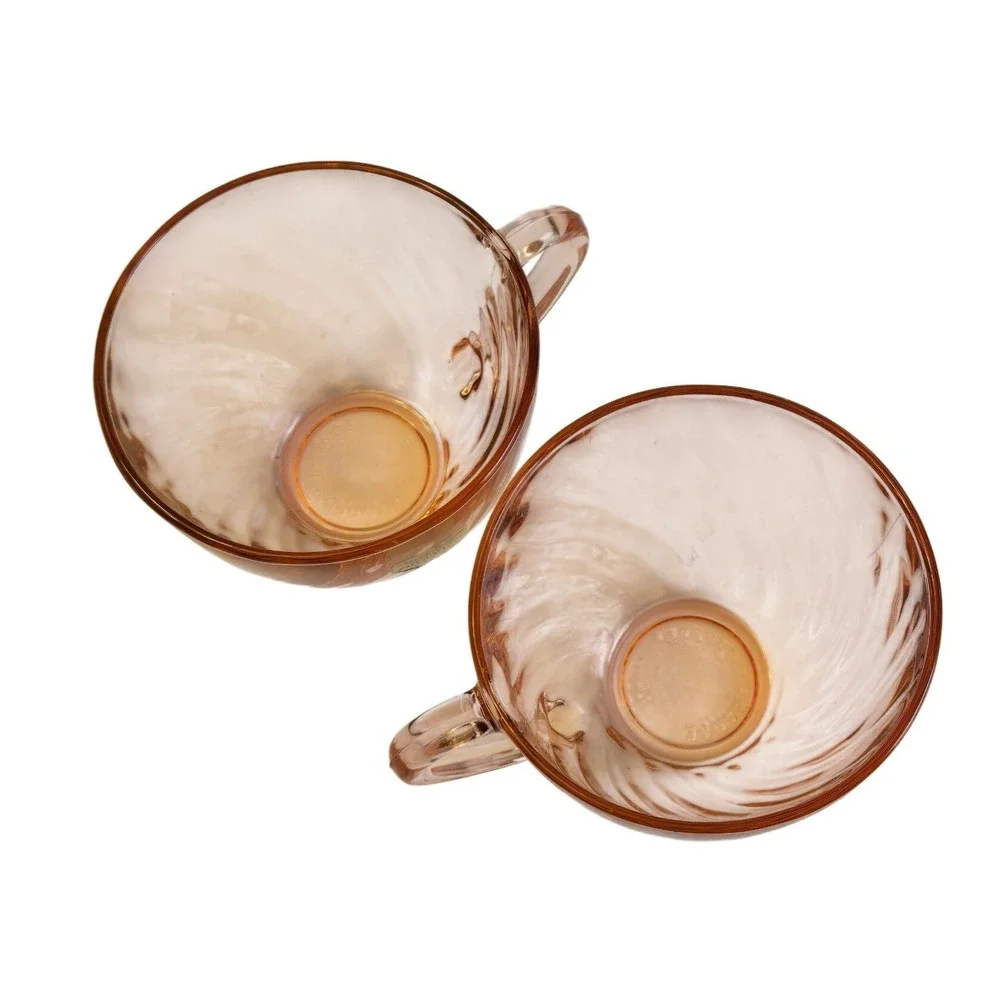 Vintage Arcoroc France Pink Swirl Glass‎ Teacups Set of 2 Heat Resistant